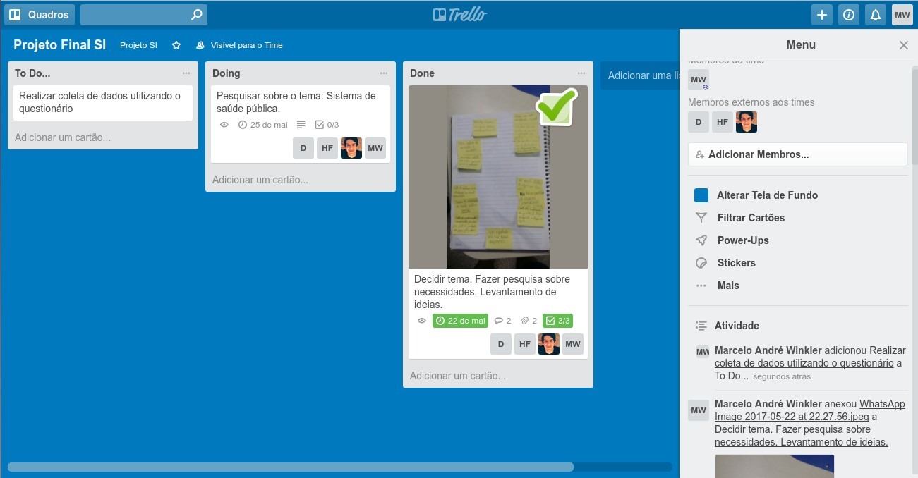 Trello dashboard in Portuguese with lists labeled as To Do, Doing, and Done