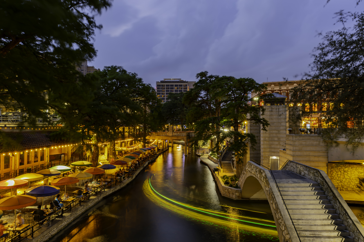 San Antonio River Walk at night in San Antonio, Texas
