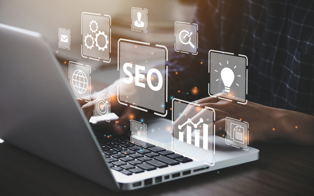 Businessman using a computer for analysis SEO Search Engine Optimization Marketing Ranking Traffic Website Internet Business Technology Concept."