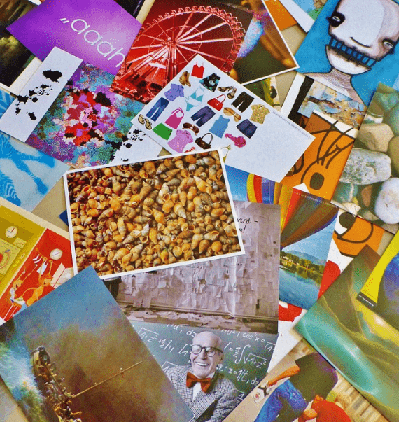 a collection of postcards with different images