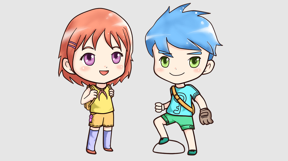 a 2D animation of a boy and girl