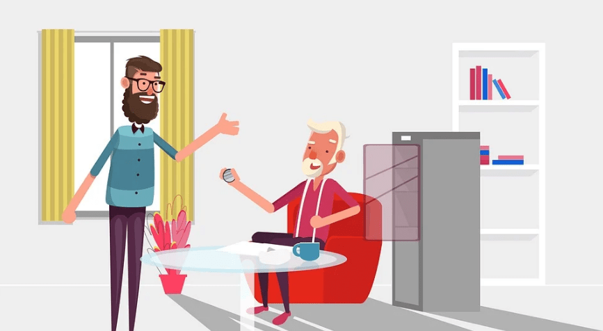 animated pic, two men talking, window, bookshelf, books, table, mug, plant, sofa, refrigerator