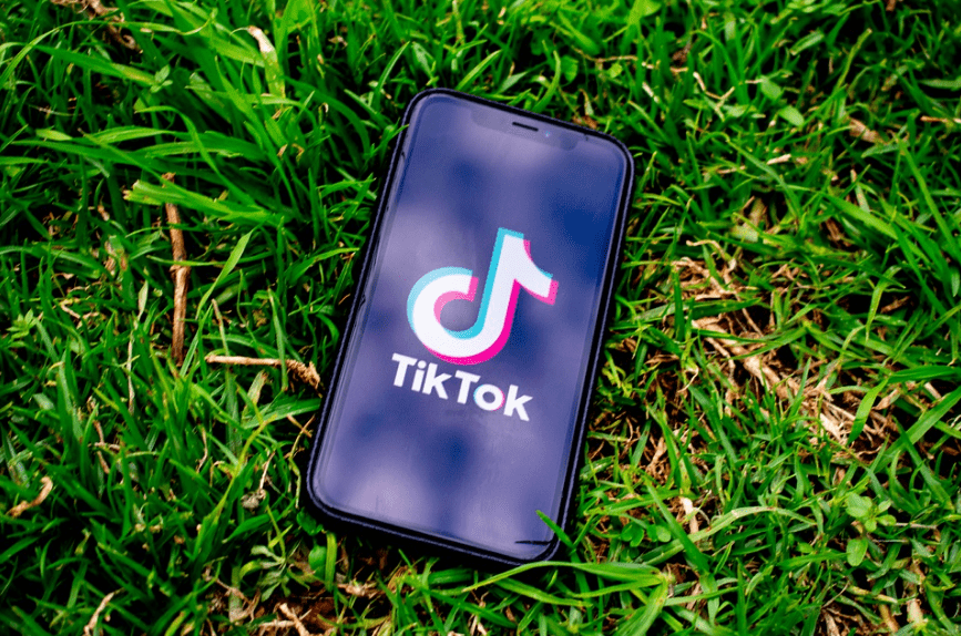 phone, grass, TikTok logo