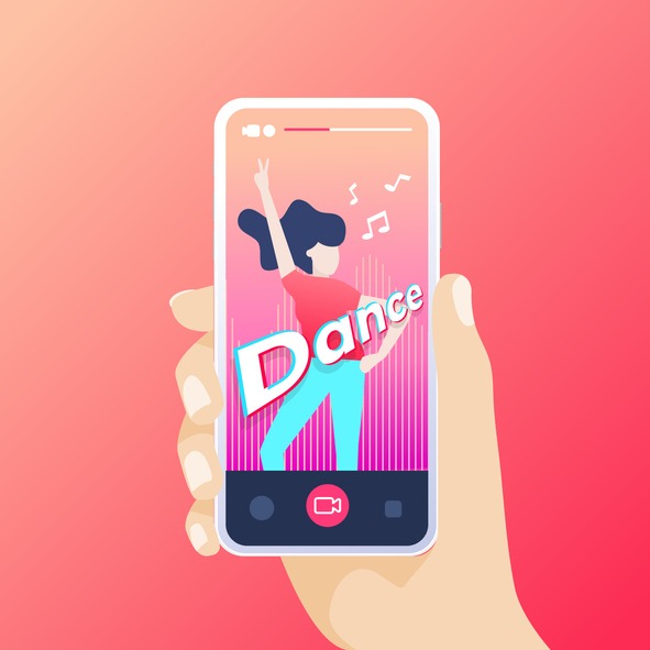 Hand holding smartphone recording a dance video in the application