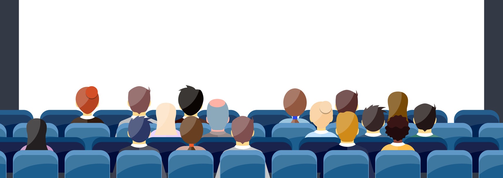 People Sit Cinema Hall Back Rear View Looking Ar Screen With Copy Space. vector illustration in flat design