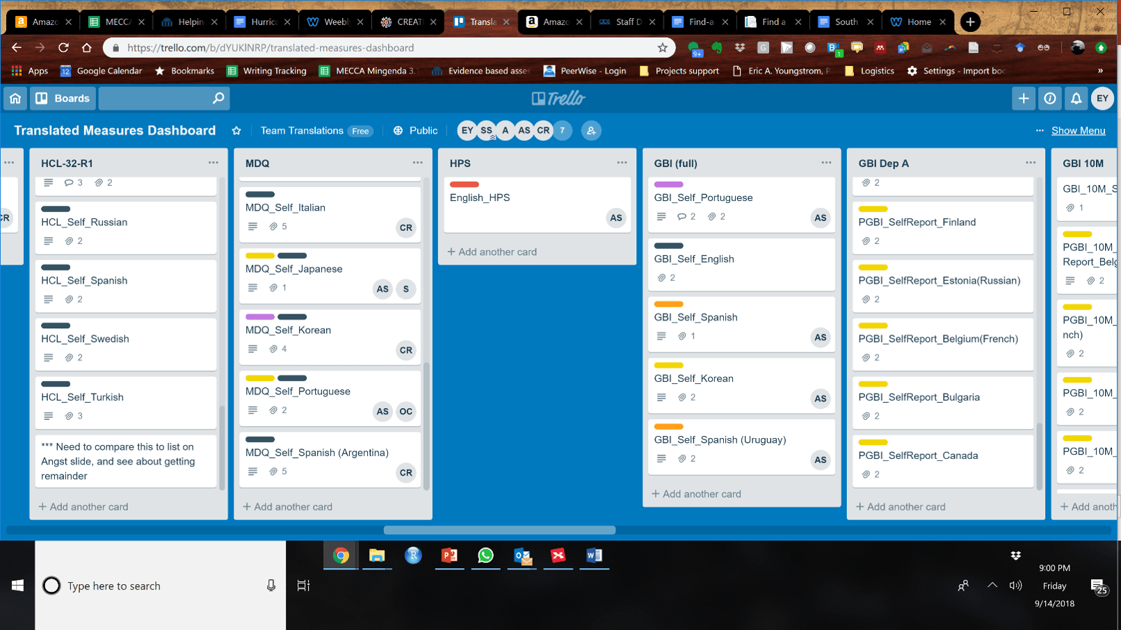 Trello dashboard showing cards with different colored bars