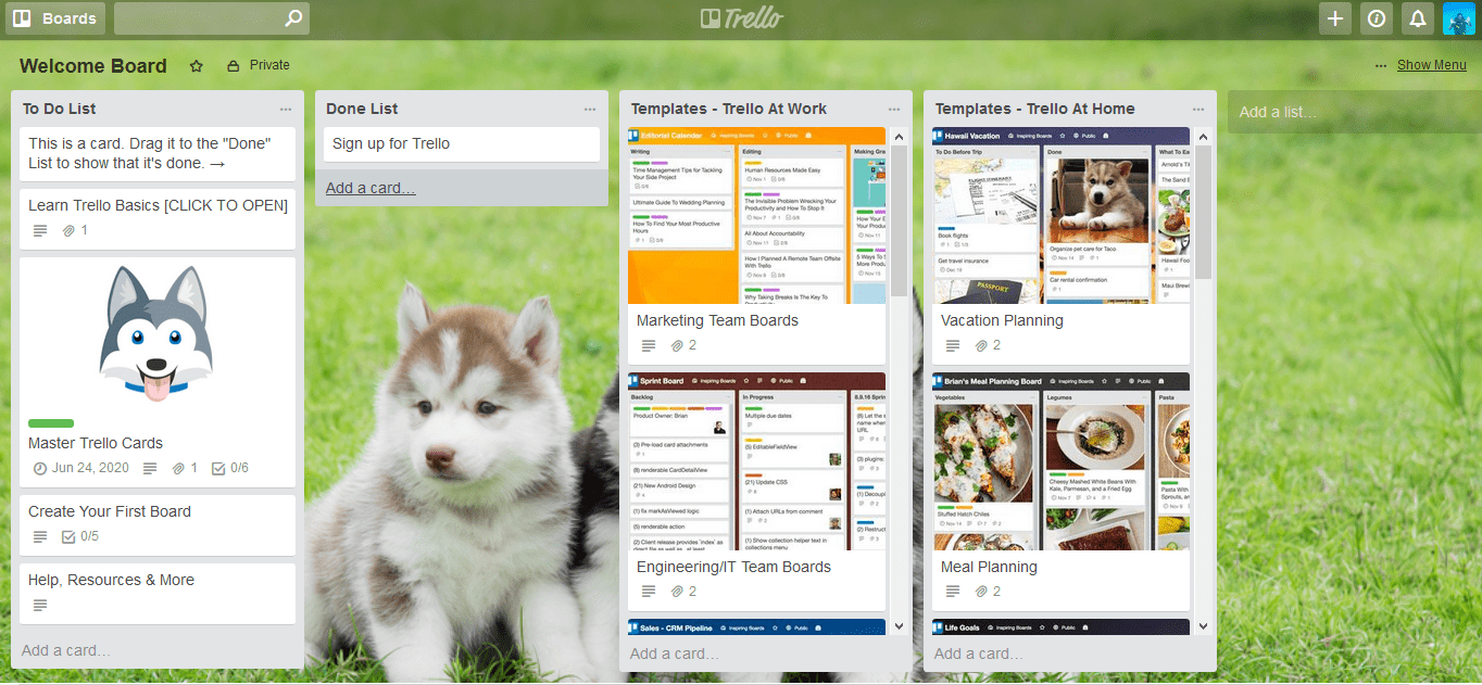 Trello dashboard with huskies as a background